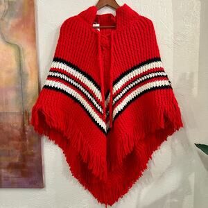 1970s Red and Black Striped Hand Knit Sweater Poncho